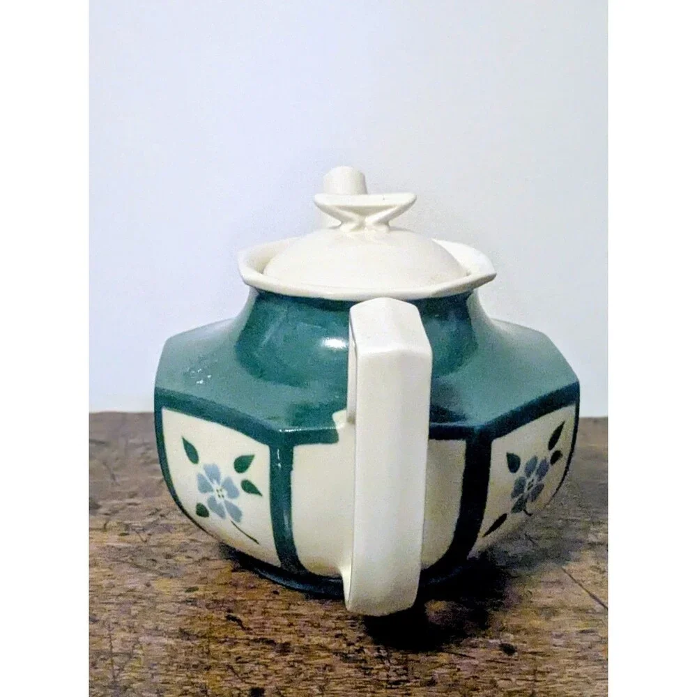 Vintage Porcelier Vitreous China Teapot Green White Geometric Floral  With Lid